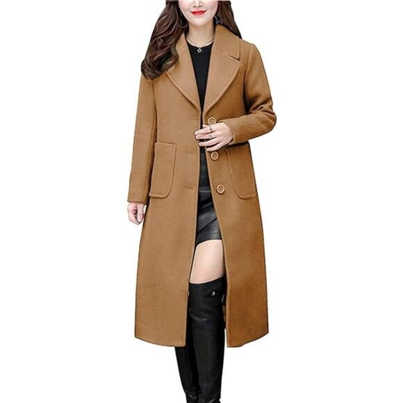Women's Big Notch Lapel Single Breasted Mid-Long Wool Blend Coat, Camel - Picture 1 of 3